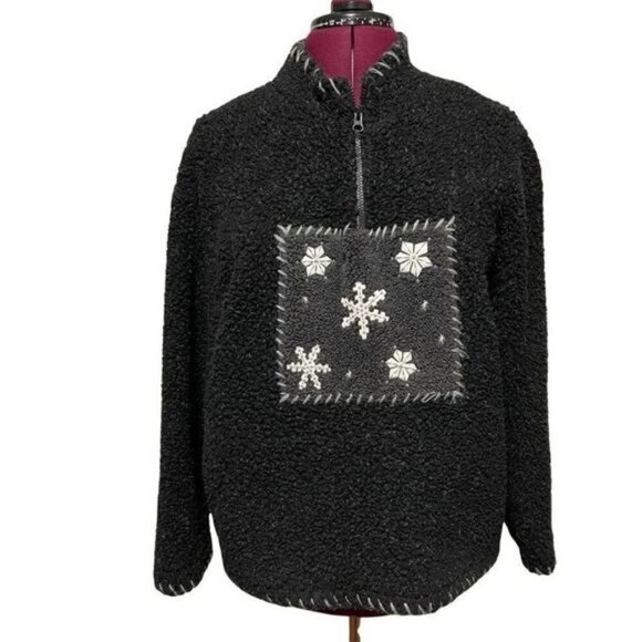 Woolrich Pullover Sweater Snowflake Quarter 1/2 Zip Fleece‎ Black Women's Large - Picture 1 of 10
